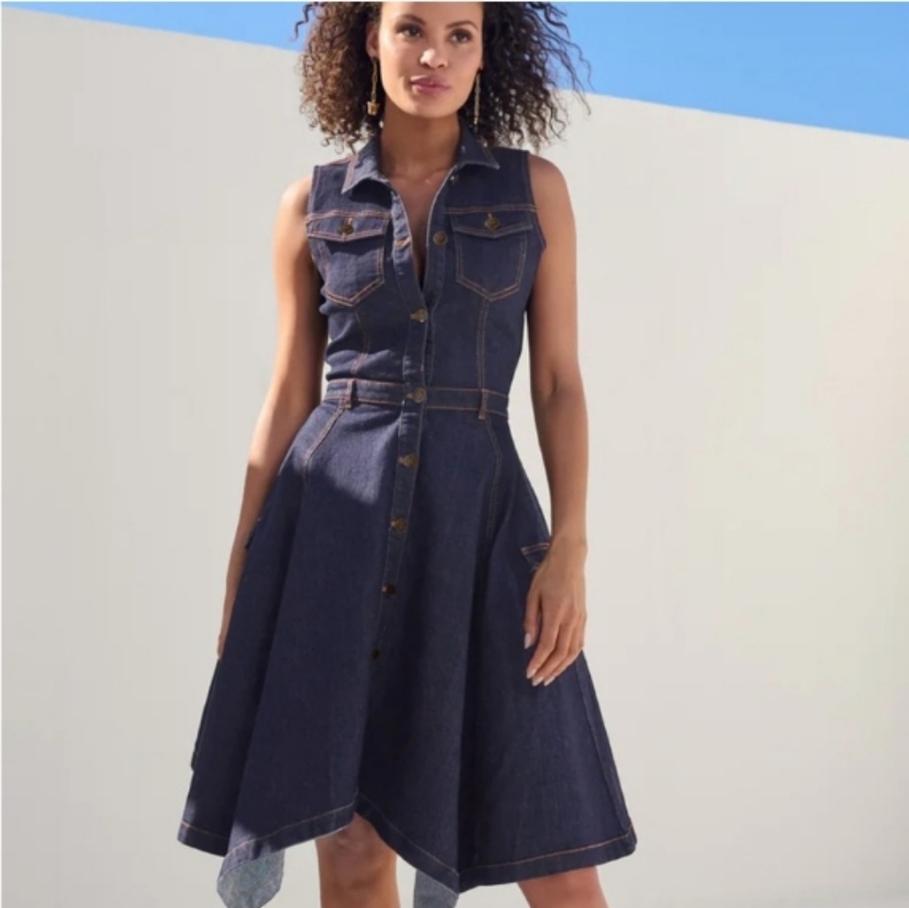Venus Button-Front Denim Handkerchief Dress, Size 10